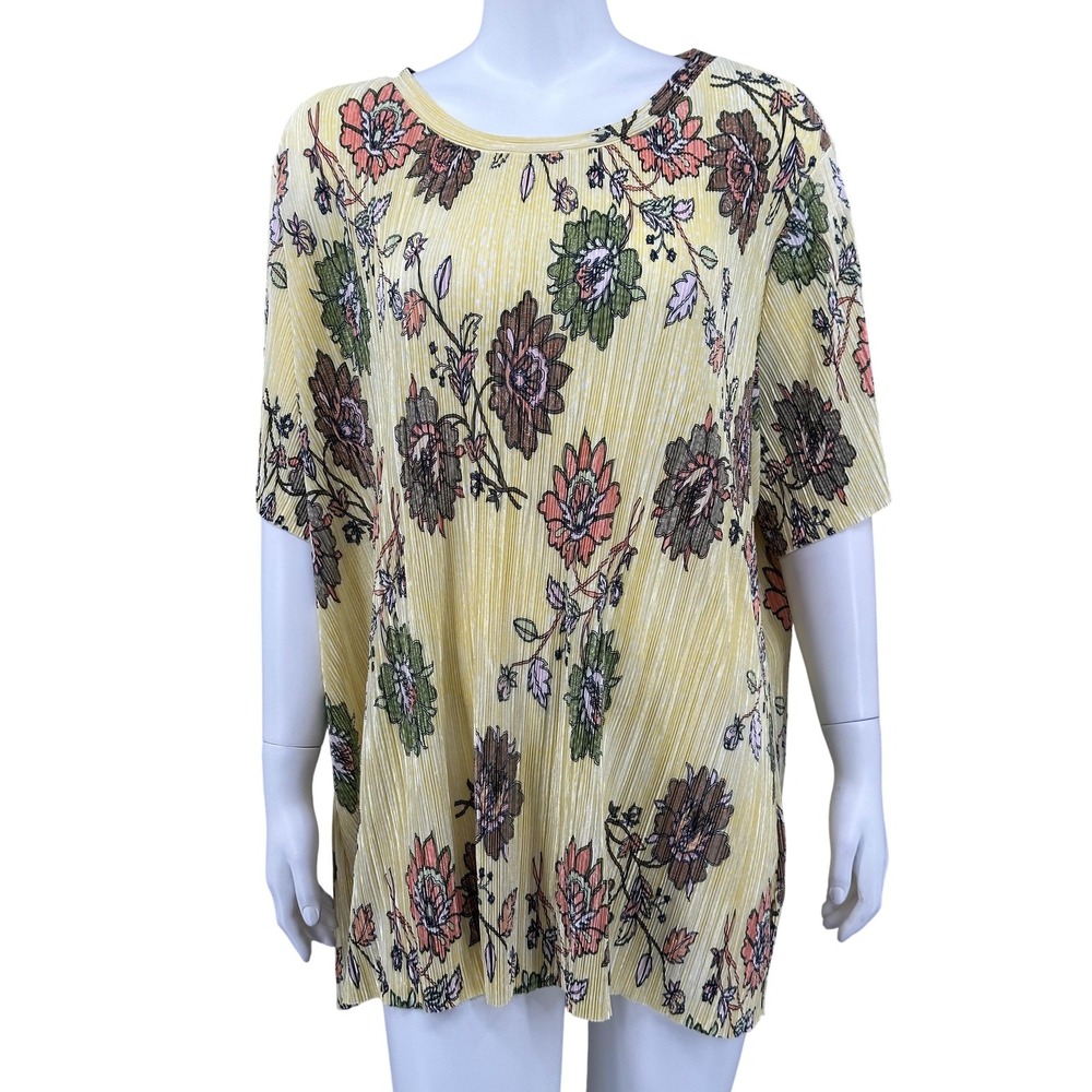 Jaclyn Smith Top Womens 2X Yellow Floral Pleated Short Sleeve Boho Mature Spring
